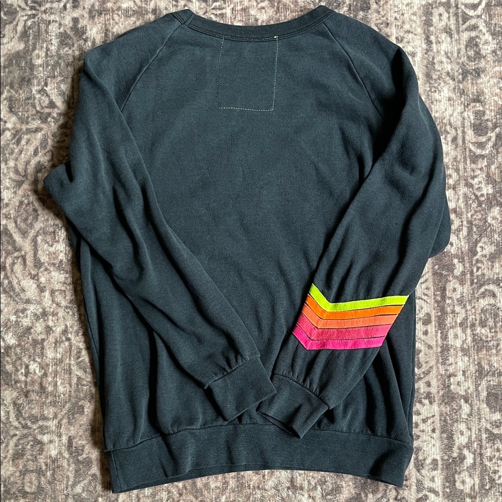Aviator Nation Black Crewneck with Neon Rainbow Sleeve Stripes - Picture 6 of 6
